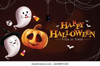 Happy Halloween greeting clipart design. Trick or treat banner template clip art for horror party celebration with ghost and pumpkin cute elements in spider web scary and creepy background vector 
