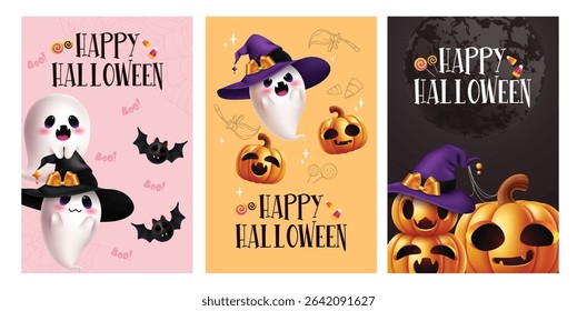 Happy Halloween greeting clipart poster set. Cute and funny ghost, pumpkin characters wearing witch hat with greeting text clip art collection in colorful spooky background for horror party flyers 