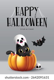 Happy Halloween greeting clipart poster. Halloween trick or treat text with candies, bat, cat and ghost character clip art sitting in crack pumpkin in gray background for horror party decoration 