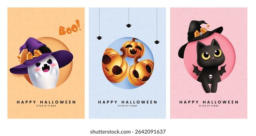 Happy Halloween greeting clipart poster set. Halloween invitation card template clip art collection with trick or treat characters like ghost, pumpkin and cat wearing witch hat in circle paper cut 