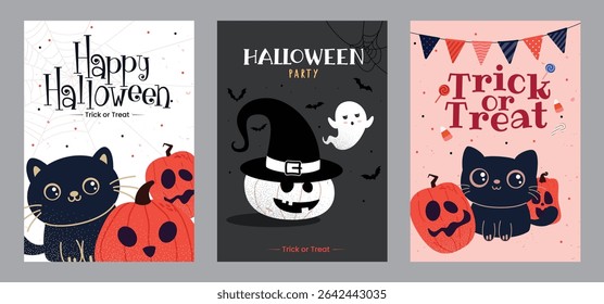 Happy Halloween greeting clipart poster set. Halloween horror party invitation card clip art with cat, pumpkin, ghost and scary character elements for flyers collection vector illustration. 

