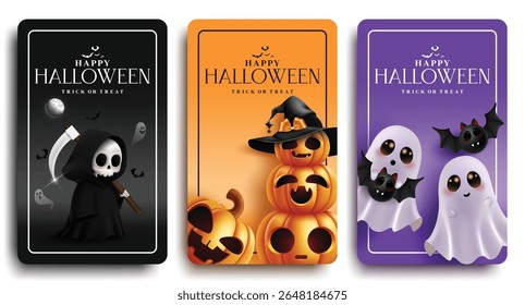 Feliz Dia das Bruxas saudação clipart poster set. Halloween truque ou tratar o texto em fundo colorido com ceifador sombrio, abóboras bonitas, fantasma e morcego personagem clip art para o cartão de convite de festa de horror 