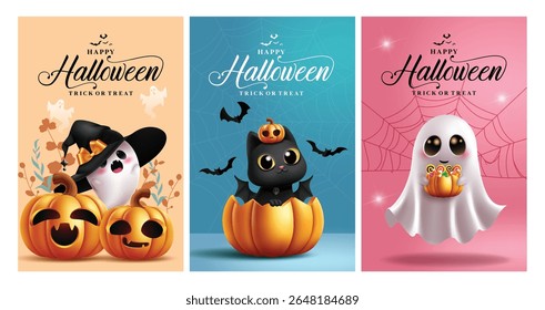 Feliz Dia das Bruxas saudação clipart poster set. Halloween truque ou tratar texto clip art coleção em teia de aranha e flor fundo colorido com fantasma, abóbora e personagens de gato para festa de horror