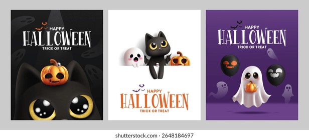 Feliz Dia das Bruxas saudação clipart poster set. Halloween truque ou tratar texto convite modelo clip art coleção com gato, fantasma e personagem de abóbora na ilustração vetor elemento quadro branco