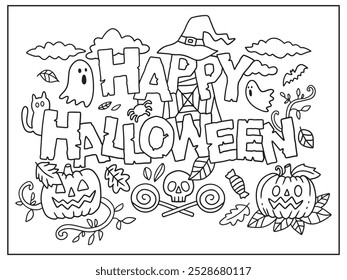 Happy Halloween greeting. Halloween coloring page, coloring book, poster, sign or banner