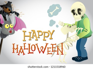Happy Halloween greeting design. Cartoon bat, scarecrows, pumpkin, human and dog skeletons. Template can be used for flyers, banners, invitations