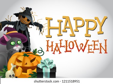 Happy Halloween greeting design. Scarecrows, pumpkin, skull and gift present. Template can be used for flyers, banners, invitations