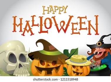 Happy Halloween greeting design. Skull, carved pumpkins and witch preparing potion. Template can be used for flyers, banners, invitations