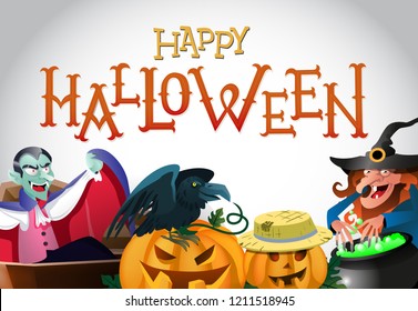 Happy Halloween greeting design. Vampire in coffin, witch preparing potion, pumpkins and crow. Template can be used for flyers, banners, invitations