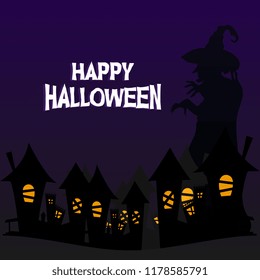 Happy halloween greeting design with witch silhouette and horror city background banner or poster design. Vector illustration for party and celebration.