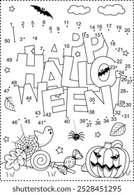 "Feliz Halloween!" saudação ponto-a-ponto imagem quebra-cabeça e colorir página, cartaz, sinal ou banner folha de atividade preto e branco 
