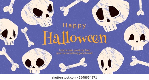 Happy Halloween Greeting with Funny and Sad Skulls, Crossbones, and Typography. Hand Drawn Bones and Heads on Purple Background. Flat Graphic Vector Illustration