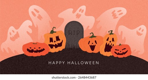 Feliz Dia das Bruxas com Gravestone e Fantasmas. Abóboras assustadoras e engraçadas em torno de RIP Tombstone. Espíritos assustadores voando sobre o fundo laranja assustador. Ilustração de vetor desenhada à mão plana