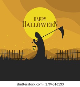 Happy Halloween greeting with grim reaper holding scythe and grave background