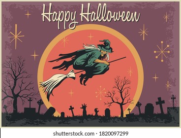 Happy Halloween Greeting Illustration, Flying Witch, Cemetery, Dead Trees, Grunge Textured Frame