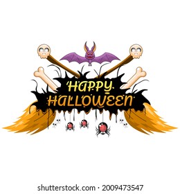 Happy Halloween Greeting Lettering Brooms Bat Bones Spiders Background. Vector Design Banner Party Invitation Web Poster Flyer Stylish Brochure, Greeting Card Template