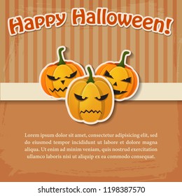 Happy Halloween greeting light poster with paper inscription and evil scary pumpkins stickers vector illustration