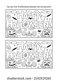 "¡Feliz Halloween!" mensaje de saludo encontrar 10 diferencias rompecabezas de imagen y página de coloreado
