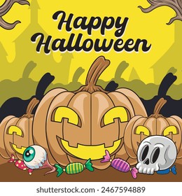 Happy Halloween greeting Night with Pumpkin Mummy Bat Zombie Castle spooky elements for scary night decoration Vector illustration