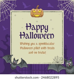 Happy Halloween greeting Night with Pumpkin Bat Spider spooky elements for scary night decoration Purple Background Vector illustration