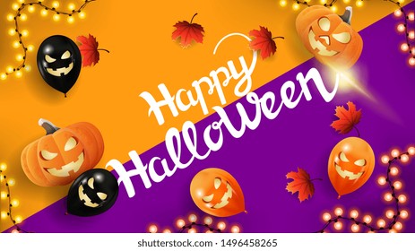 Happy Halloween, greeting postcard with Halloween ballons, autumn leafs and garland. Top view