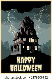 Happy Halloween Greeting Poster Haunted Mansion, Forest and Lightnings