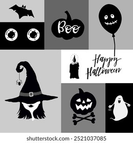 Happy Halloween greeting poster with Witch, bat, pumpkins, ghost, hat. Cute design element for holiday decoration, poster, social media post.