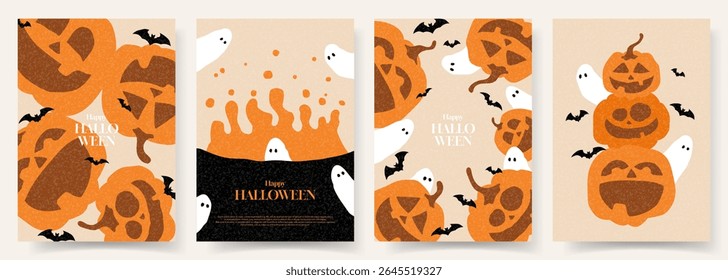 Happy Halloween greeting posters. Flat vector illustration with pumpkins, ghosts, potion pot, bats. Halloween gift cards. Holiday flyers for decoration cover, banner, card,  social media, event.
