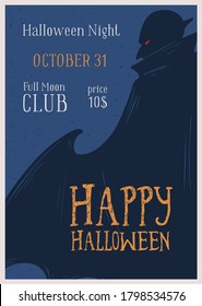 Happy Halloween greeting promo poster with place for text vector illustration. Announcement of costume night party at 31 october with vampire silhouette. Colorful invitation to festive event