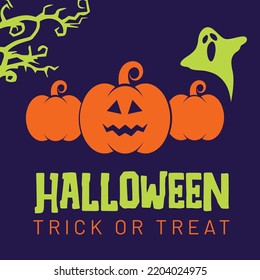 Happy Halloween greeting with pumpkins on purple background