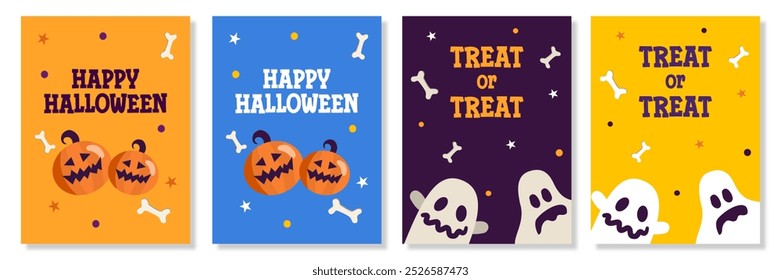 Happy Halloween greeting sale banner set, card or party invitation with Holiday calligraphy, cute ghosts, pumpkins background. Design template for advertising, web, social media, and poster