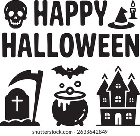 Happy Halloween greeting with skull cauldron bat haunted house and grave