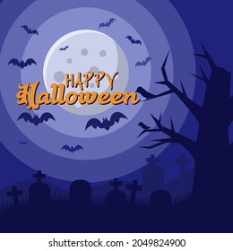 Happy halloween greeting square banner with bat, tree, moon, and graveyard