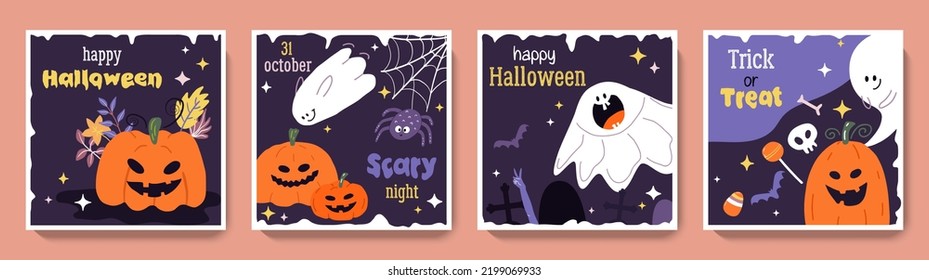 Happy Halloween greeting square card set. Cute autumn backgrounds with ghosts, pumpkins, spider web, leaves. Colorful vector templates for social media post, flyer, postcard design