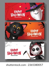 Happy halloween greeting text vector set design. Halloween trick or treat party invitation card with cute funny ghost, cat and grim reaper characters for seasonal greeting card lay out. Vector 