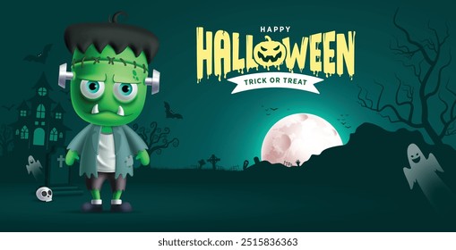 Feliz halloween saludo texto Vector diseño. Truco o trato de Halloween con el personaje de monstruo zombi de miedo en el cementerio de cementerio espeluznante de fondo de noche. Diseño de tarjeta de fiesta de horror de Ilustración vectorial. 