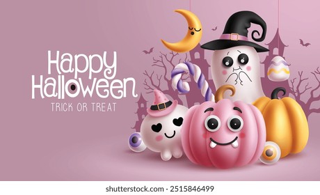 Feliz halloween saludo texto Vector diseño. Truco o trato de Halloween con calabazas y personajes fantasmas en la silueta de fondo rosa del castillo. Anuncio de tarjeta de felicitación de fiesta de terror de Ilustración vectorial. 
