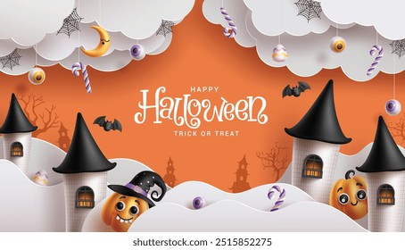 Feliz halloween saludo texto Vector Anuncio diseño. Truco o trato de Halloween con nubes cortadas en papel, castillo encantado, lindas calabazas y Elementos espeluznantes colgantes. Ilustración vectorial horror fiesta tarjeta 