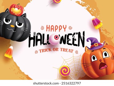 Happy halloween greeting text vector template design. Halloween trick or treat invitation card with cute cat pumpkins characters in yellow background. Vector illustration holiday party template design