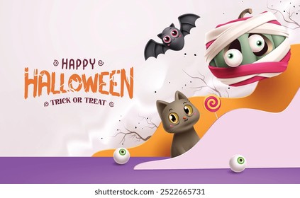 Happy halloween greeting text vector design. Halloween trick or treat with cute mummy pumpkin, cat and bat character in white empty space paper cut background for holiday invitation card. Vector 