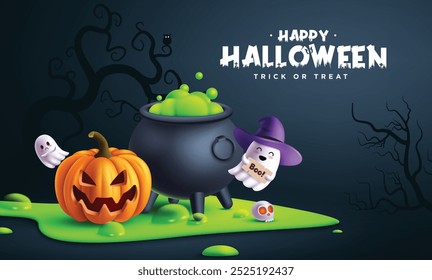 Happy halloween greeting text vector design. Halloween trick or treat greeting with pumpkin, ghost characters and witch cauldron elements in silhouette dark night background. Vector illustration