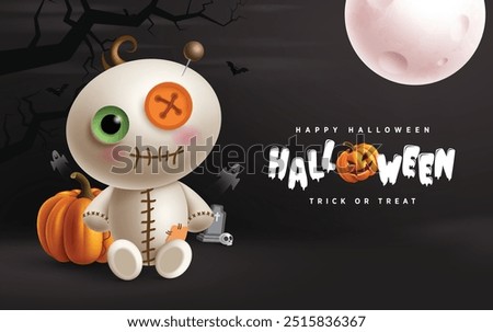 Happy halloween greeting text vector design. Halloween trick or treat greeting card with mummy doll stitch character in dark night full moon background. Vector illustration holiday creepy design. 

