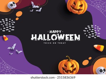 Happy halloween greeting vector background design. Halloween trick or treat text in abstract background with pumpkins, skull and creepy elements decoration. Vector illustration horror greeting design.