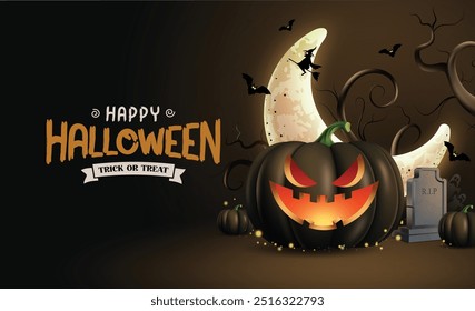 Happy halloween greeting vector background design . Halloween trick or treat greeting text card with cute and creepy pumpkins, moon, grave stone, bats, witch and trees elements in night black 