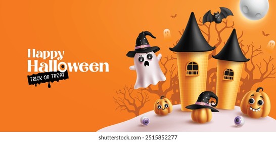 Happy halloween greeting vector banner design. Trick or treat halloween text with haunted castle, ghost and cute pumpkins characters in orange night background. Vector illustration scary evening