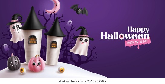 Feliz saludo de halloween diseño de Anuncio de Vector. Truco o trato de Halloween con temible casa encantada, lindo fantasma y personajes de calabazas en fondo violeta. Anuncio de fiesta de terror de Ilustración vectorial 