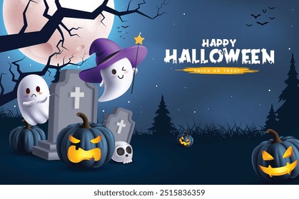 Happy halloween greeting vector design. Halloween trick or treat card with pumpkins and ghost characters in night full moon cemetery background. Vector illustration horror scary card design. 
