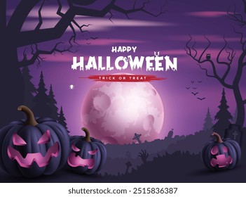 Feliz Dia das Bruxas saudação vetor design. Halloween truque ou tratar texto com abóboras jack o lanterna elementos em lua cheia assustador noite fundo de cemitério. Modelo assustador de horror de ilustração de vetor. 