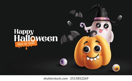 Happy halloween greeting vector design. Trick or treat halloween text with cute pumpkin, funny ghost and flying bat characters in dark black background. Vector illustration holiday creepy design.  
