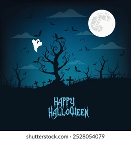 Diseño feliz del Vector del saludo de Halloween. Tarjeta de truco o trato de Halloween con personajes fantasmas en el fondo del cementerio de luna llena nocturna. Ilustración vectorial horror diseño de tarjeta de miedo.